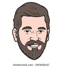 Man with full beard.  brown hair, head, laugh, avatar, emotion.