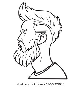 Man with a full beard from the side.  cool undercut hipster hairdresser.  Outline comic illustration, avatar, monochrome, vector, profile, page.