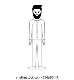 man full body with beard and shirt and pants and shoes with side parted hairstyle in black dotted silhouette