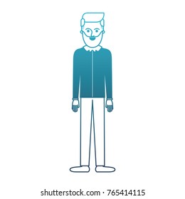 man full body with beard and shirt and pants and shoes with side parted hairstyle in degraded blue silhouette