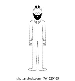 man full body with beard and sweater and pants and shoes with taper fade haircut in black dotted silhouette
