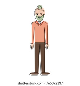 man full body with beard and sweater and pants and shoes with taper fade haircut in watercolor silhouette