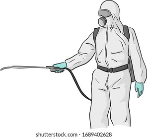 man in a full body protective suit cleaning COVID-19 virus vector illustration sketch doodle hand drawn isolated on white background