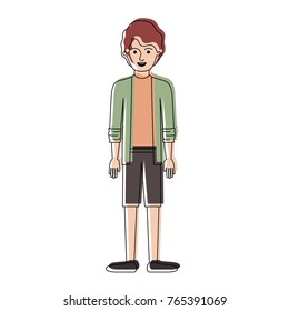 man full body with shirt and jacket and short pants and shoes with short wavy hair in watercolor silhouette