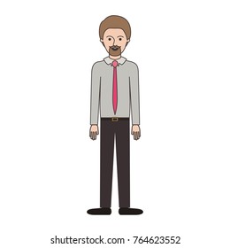 man full body with shirt and tie and pants and shoes with short hair and goatee beard in colorful silhouette