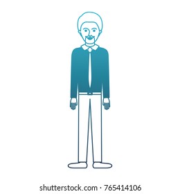 man full body with shirt and tie and pants and shoes with short hair and goatee beard in degraded blue silhouette