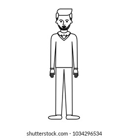 man full body with stubble beard and sweater and pants and shoes with side parted hairstyle in monochrome silhouette