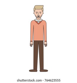man full body with stubble beard and sweater and pants and shoes with side parted hairstyle in colorful silhouette