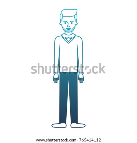 man full body with stubble beard and sweater and pants and shoes with side parted hairstyle in degraded blue silhouette