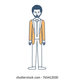 man full body with suit and tie and pants and shoes with short hair and stubble beard in color sections silhouette