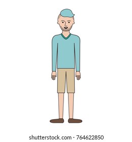 man full body with t-shirt long sleeve and short pants and shoes with high fade haircut and stubble beard in colorful silhouette