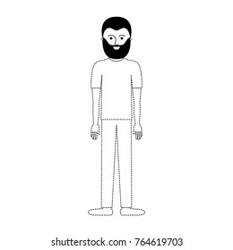 man full body with t-shirt and pants and shoes with short hair and beard in black dotted silhouette