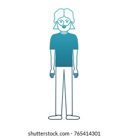 man full body with t-shirt and pants and shoes with mid length hair and beard in degraded blue silhouette