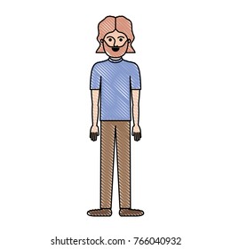 man full body with t-shirt and pants and shoes with mid length hair and beard in colored crayon silhouette