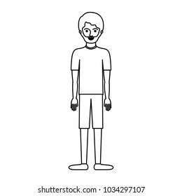 man full body with t-shirt and short pants and shoes with short hair and beard in monochrome silhouette