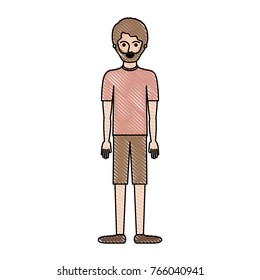 man full body with t-shirt and short pants and shoes with short hair and beard in colored crayon silhouette