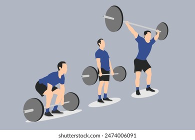 Man Full Body Weightlifter Lifting Barbell 3 Levels Vector Cartoon