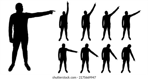 Man in full face. The guy stands flat and raises one hand high up, the same hand high down. The character is suitable for motion animation. A set of nine black male silhouettes isolated on a white 