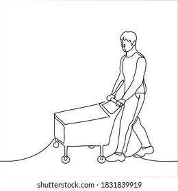 man in full growth with a grocery cart goes. one line drawing shopper walks and rolls cart