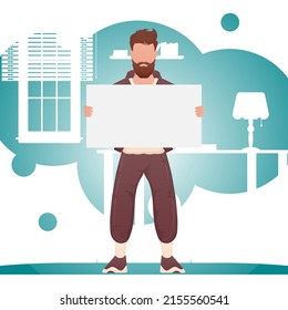 A man in full growth holds a blank sheet in his hands. Place for your advertisement. Cartoon style. Vector illustration