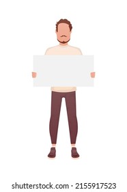 A man is in full growth and holds an empty banner in his hands. Isolated. Cartoon style. Vector illustration