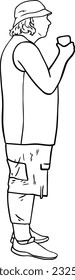 a man in full growth in a panama hat with a glass in his hands doodle linear cartoon coloring