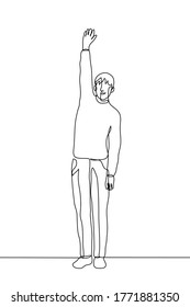 Man In Full Growth Stands With His Hand Held High In Sign Of Active Consent. One Continuous Line Art Concept Of A Volunteer, Activist, Active Participant. Can Be Used For Animation.