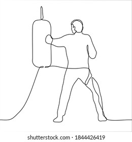 man in full growth trains punches with a punching bag. one line drawing boxer practicing punches, training independently.