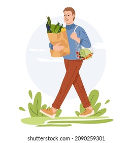 Hombre de longitud completa con verduras ecológicas en bolsa de papel y bolsa de cuerda. Los niños veganos comen productos orgánicos. El concepto de basura cero. Ilustración vectorial plana