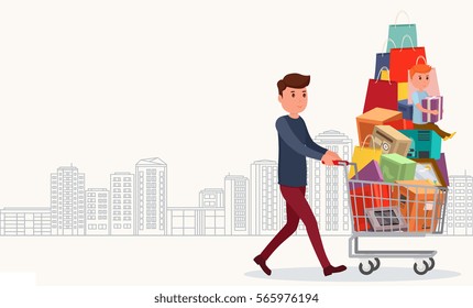 Man with full shopping basket of food and baby. Shopping in the city.