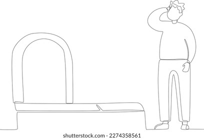 A man at funeral holding his head  One line drawing