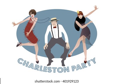 Man and funny girls dancing charleston.