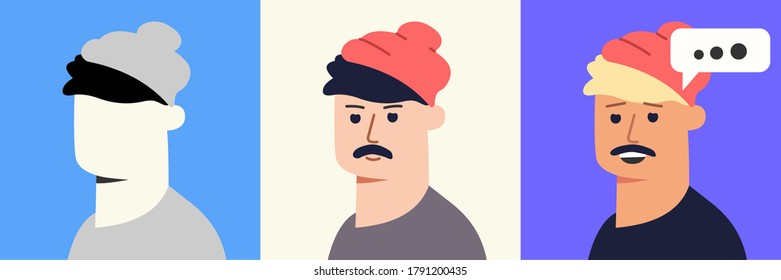 Man in a funny hat. He starts a chat conversation. Colored pack of set of various silhouettes. Avatar. Vector Flat Illustration. Cartoon.