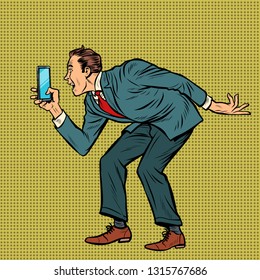 man funny photographs smartphone. Pop art retro vector illustration vintage kitsch