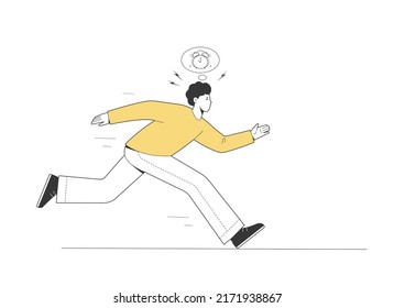 Man is furious and angry, time is running out. Person runs, hurries, wants to make it. Contour illustration