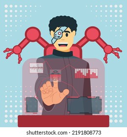 Man from the future with a cyber eye and two mechanical arms checks the indicators of the heartbeat, pulse, tests, parameters and all the information of the body by fingerprint. Cyberpunk, metaverse