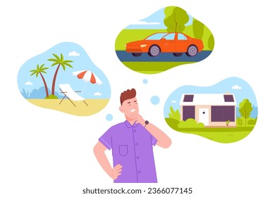 Man future dreams. Dreaming guy think about travel house and car, planning better life bubble dream, investment money save for holiday vacation vector illustration of guy dream, think and dreaming