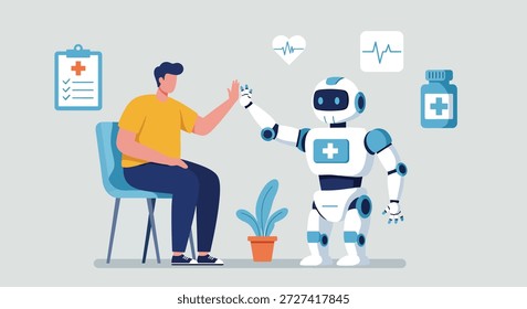 Un hombre y un robot futurista chocan los cinco, simbolizando la colaboración en la atención médica y la tecnología avanzadas.