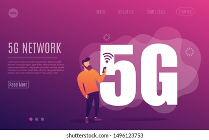 Man with gadget use high-speed Internet vector illustration. 5G network wireless technology. Small man and big 5G sign. Flat cartoon style. Vector illustration