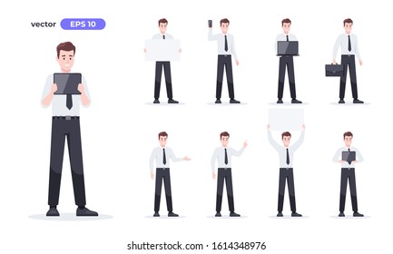 Man with gadgets, devices set isolated. Showing phone, tablet, laptop. Businessman in suit. Cartoon people. Cute male character for presentation template. Flat style vector illustration.