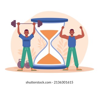 Man gaining muscle mass in training concept. Young male character lifts barbell and shows his biceps. Playing sports, exercising, or active lifestyle. Cartoon contemporary flat vector illustration