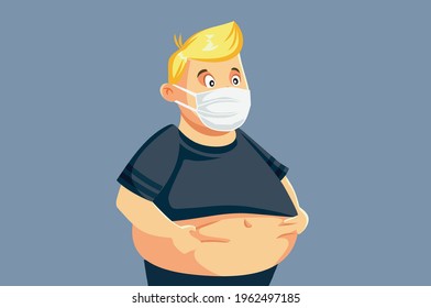 Man Gaining Weight During Pandemic Quarantine Vector Illustration. Person Having Dangerous Health Risks Associated With Obesity As Comorbidity For Coronavirus 
