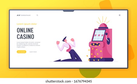 Man Gambler Addiction, One-armed Bandit Player Landing Page Template. Male Character Play Gambling Game in Casino Win Jackpot Money Prize on Slot Machine, Vegas Nightlife. Cartoon Vector Illustration