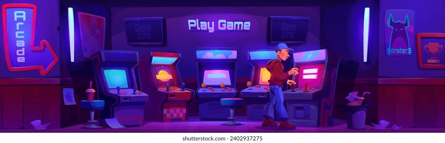 Man in game club room interior with retro arcade machine and banner on wall at night. Cartoon vector illustration of vintage 80s console with joystick controller and screen in dark entertainment hall.