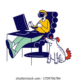 Man Gamer Character Playing Video Game in VR Goggles. Future Technology Entertainment Industry. Gaming Addiction, Bad Habit, Virtual Reality Simulation Activity Hobby. Linear Vector Illustration