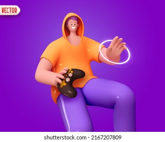 Man Gamer hat die Hand, die einen Spielkonsole-Controller hält. Cartoon stylische Figur mit Game Joystick. Glückliche Menschen positive Emotionen. Menschliches Glück lächelt ins Gesicht. Realistisches 3D-Design. Vektorgrafik