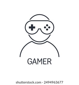 Man with gaming joystick. Gamer. Vector linear icon isolated on white background.