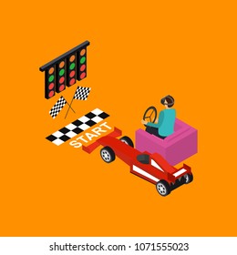 Man Gaming Vr Concept Isometric View Race and Speed Car. Vector illustration of Play Virtual Reality