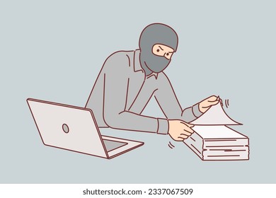 Man gangster steals documents from office building, wearing mask to hide face and remain anonymous. Concept of commercial espionage and trying to get insider documents about upcoming deals svg