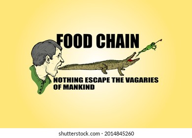 A man with a gaping mouth biting a crocodile which is snapping at a jumping frog that caught a fly with its tongue, and the environmental message: Food chain, nothing escape the vagaries of mankind. 